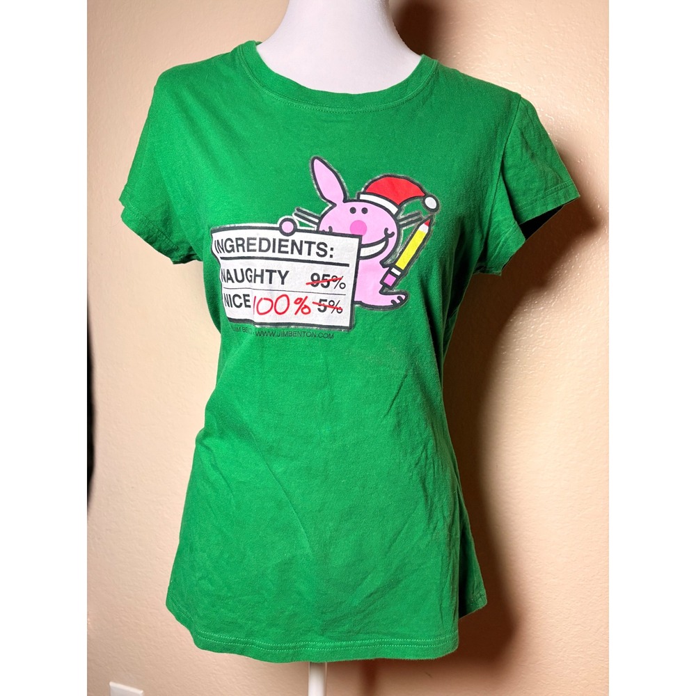 Y2K It's Happy Bunny Jim Benton Green Christmas Graphic Tee Shirt XL